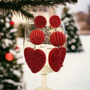 Bohemian Beaded Heart Dangle Earrings, Red